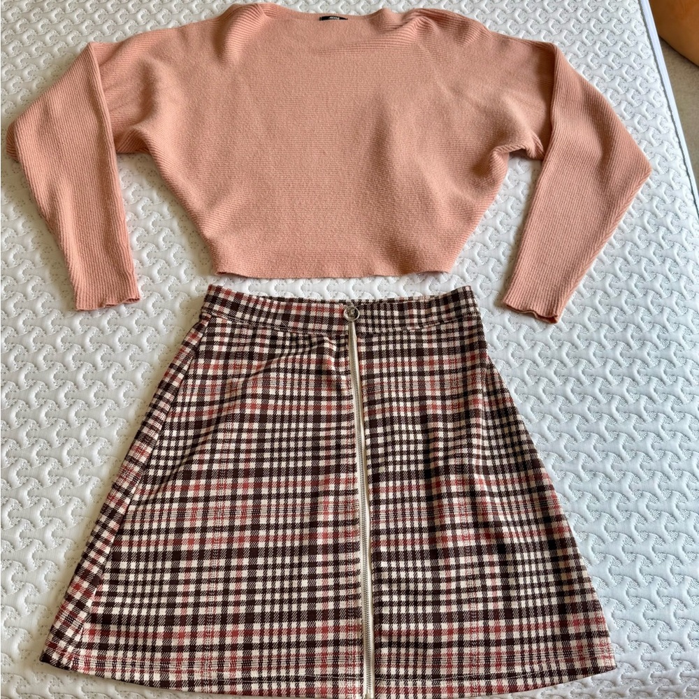 Ardene Plaid Skirt and Pink Sweater
